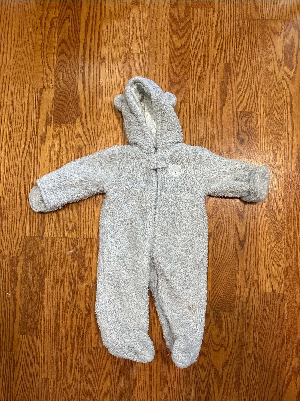 Cozy Gray Plush Hooded Baby bunting snowsuit 3 months One-Piece bear ears hood
